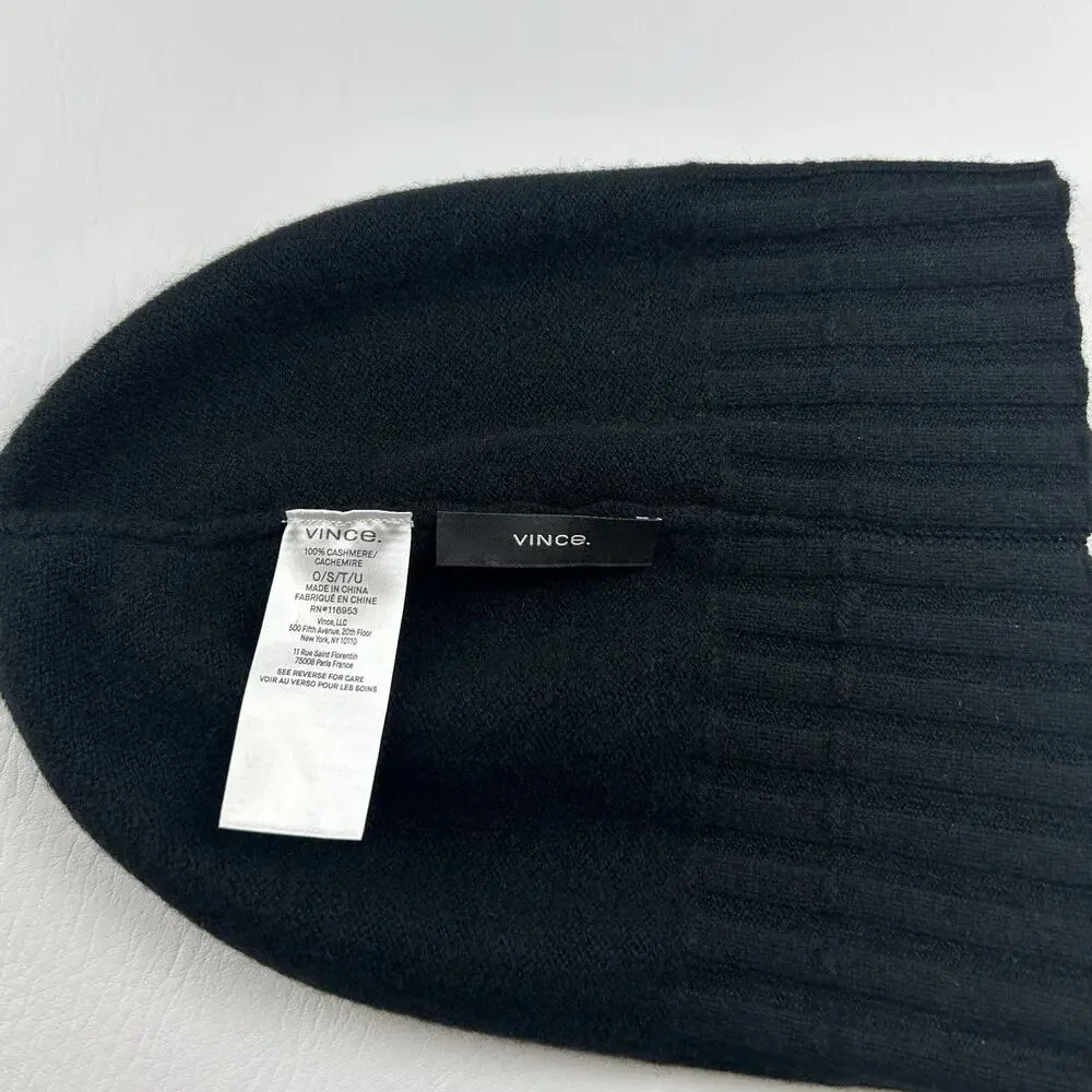 Vince 100% Cashmere Beanie Hat Black Rib Knit One Size Unisex Soft Luxury